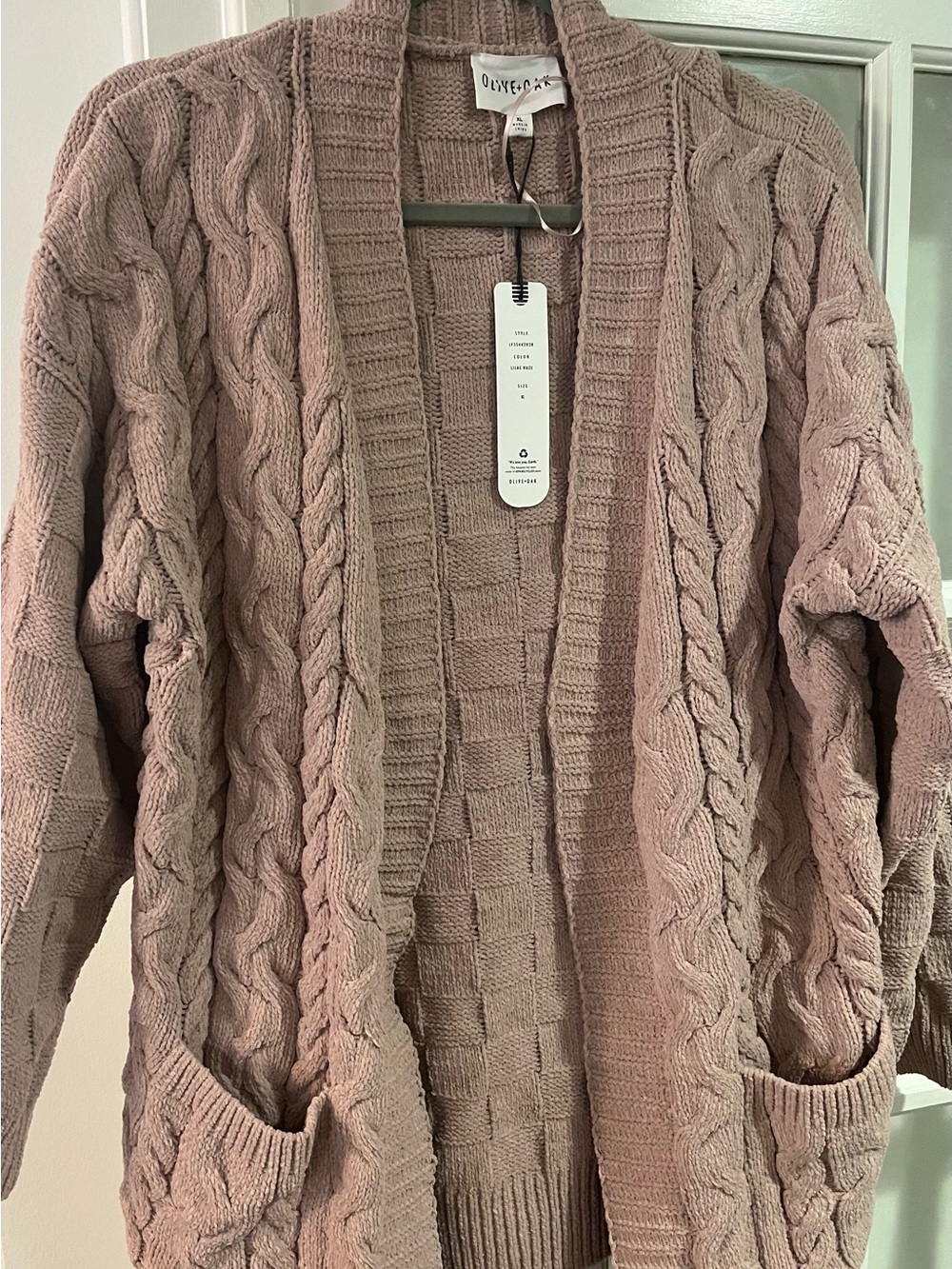 Olive & Oak Dusty Mauve Cable Knit Open-Front Cardigan